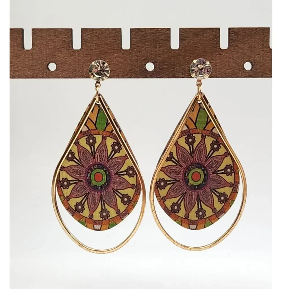 Boho Teardrop Mandala Print Wood and Gold Tone Frame Dangle Statement Earrings